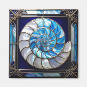 Blue/White Faux Stained-Glass Nautilus Shell 2 Magnet