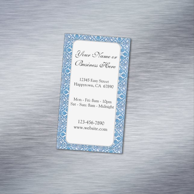 Blue White Faux Tile Pattern Custom Business Card (In Situ)
