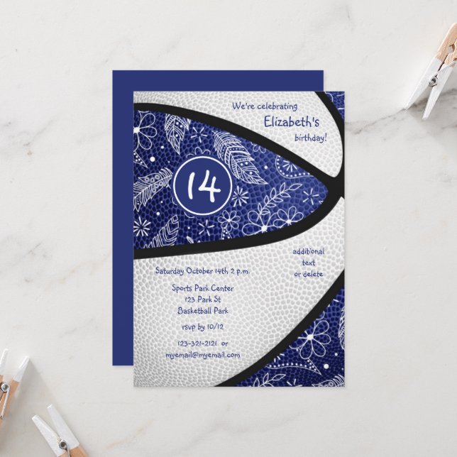 blue white feathers floral boho sports basketball invitation (Front/Back In Situ)