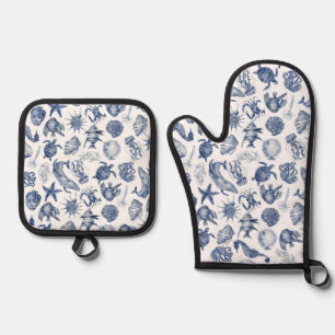 Blue & White Fish Mitts Oven Mitt & Pot Holder Set