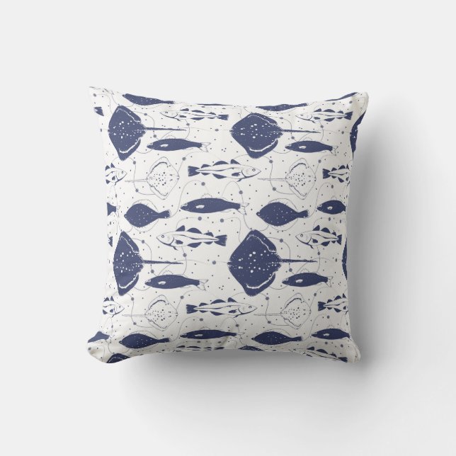 Blue White Fishes Pattern on Wavy Fishing Net Throw Pillow (Front)