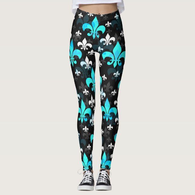 Blue White Fleur De Lis  Leggings (Front)