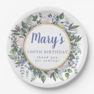 Blue White Floral 100th Birthday Party Paper Plate