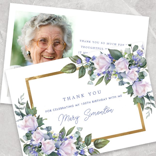Blue White Floral 100th Birthday Photo Flat Thank You Card (Creator Uploaded)