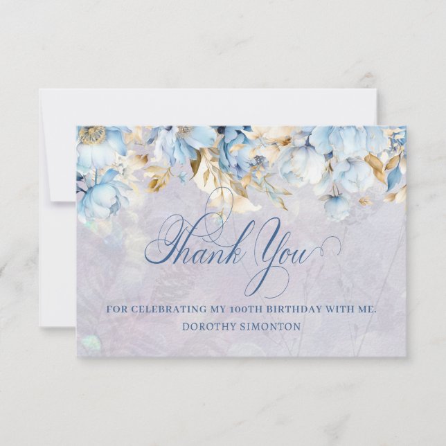 Blue White Floral 100th Birthday Thank You Flat Card (Front)