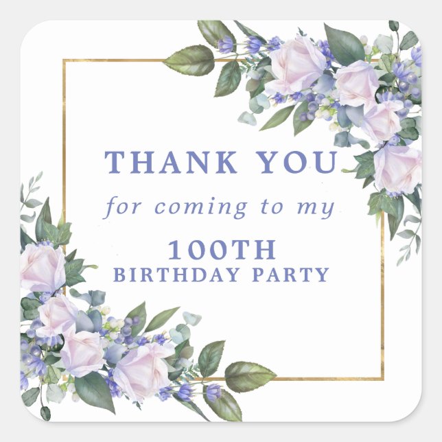 Blue White Floral 100th Birthday Thank You Square Sticker (Front)