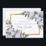 Blue White Floral 18th Birthday Photo Flat Thank You Card<br><div class="desc">Beautiful way to express your gratitude to family and friends. A lush botanical sprig of white roses and blue flowers create beautiful floral accents on two corners of the gold frame. Three lines of text let you personalize the front. Inside you can place your photo at the top and a...</div>