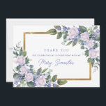 Blue White Floral 18th Birthday Photo Flat Thank You Card<br><div class="desc">Beautiful way to express your gratitude to family and friends. A lush botanical sprig of white roses and blue flowers create beautiful floral accents on two corners of the gold frame. Three lines of text let you personalize the front. Inside you can place your photo at the top and a...</div>