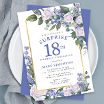 Blue White Floral 18th Birthday Surprise Party Invitation<br><div class="desc">Honour a special woman with this elegant and feminine 19th Birthday Surprise Party invitation. Surprise and the 19th are written in large blue text. Birthday Celebration follows. The honoured guest's name is also in blue capital letters. The birthday celebration details are surrounded by a chic gold frame. The floral elements...</div>