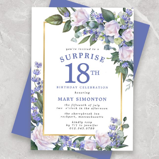 Blue White Floral 18th Birthday Surprise Party Invitation (Creator Uploaded)