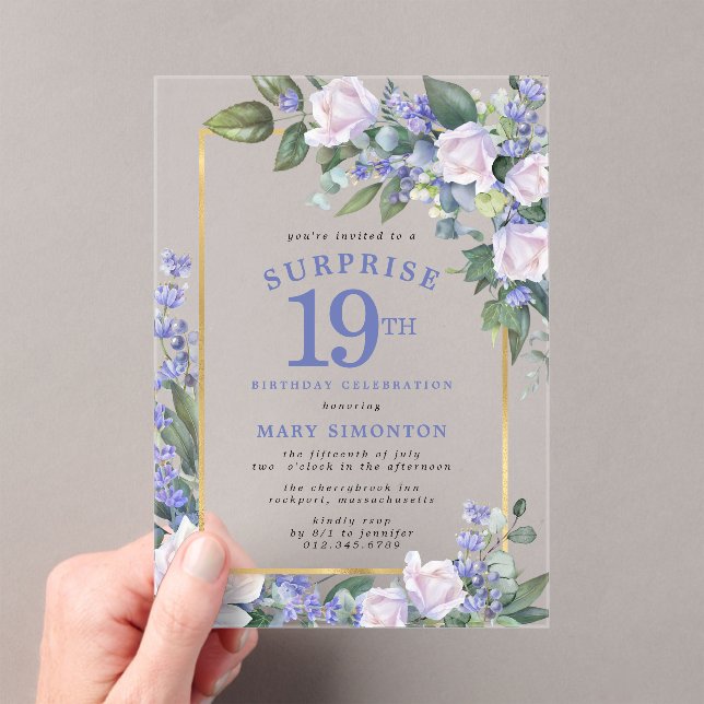 Blue White Floral 19th Birthday Surprise Party Acrylic Invitations (Insitu (Handheld))