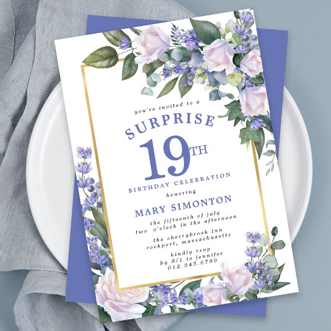 Blue White Floral 19th Birthday Surprise Party Invitation (Creator Uploaded)