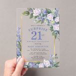 Blue White Floral 21st Birthday Surprise Party Acrylic Invitations<br><div class="desc">Printed on a see-through acrylic background. Honour a special woman with this elegant and feminine 21st Birthday Surprise Party invitation. Surprise and 21st are written in large blue text. Birthday Celebration follows. The honoured guest's name is also in blue capital letters. The birthday celebration details are surrounded by a chic...</div>