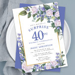 Blue White Floral 40th Birthday Surprise Party Invitation<br><div class="desc">Honour a special woman with this elegant and feminine 40th Birthday Surprise Party invitation. Surprise and the 40th are written in large blue text. Birthday Celebration follows. The honoured guest's name is also in blue capital letters. The birthday celebration details are surrounded by a chic gold frame. The floral elements...</div>