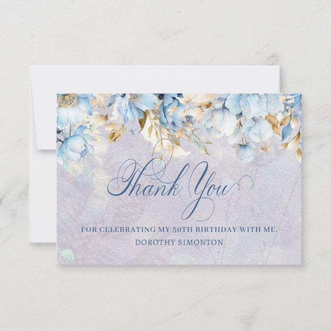 Blue White Floral 50th Birthday Thank You Flat (Front)