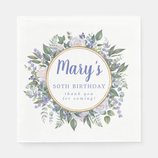 Blue White Floral 50th Birthday Thank You Napkin (Front)