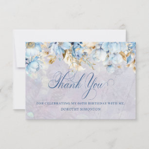 Blue White Floral 60th Birthday Thank You Flat Card
