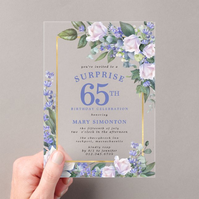 Blue White Floral 65th Birthday Surprise Party Acrylic Invitations (Insitu (Handheld))