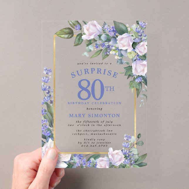 Blue White Floral 80th Birthday Surprise Party Acrylic Invitations (Insitu (Handheld))