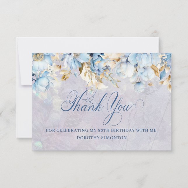 Blue White Floral 80th Birthday Thank You Flat (Front)