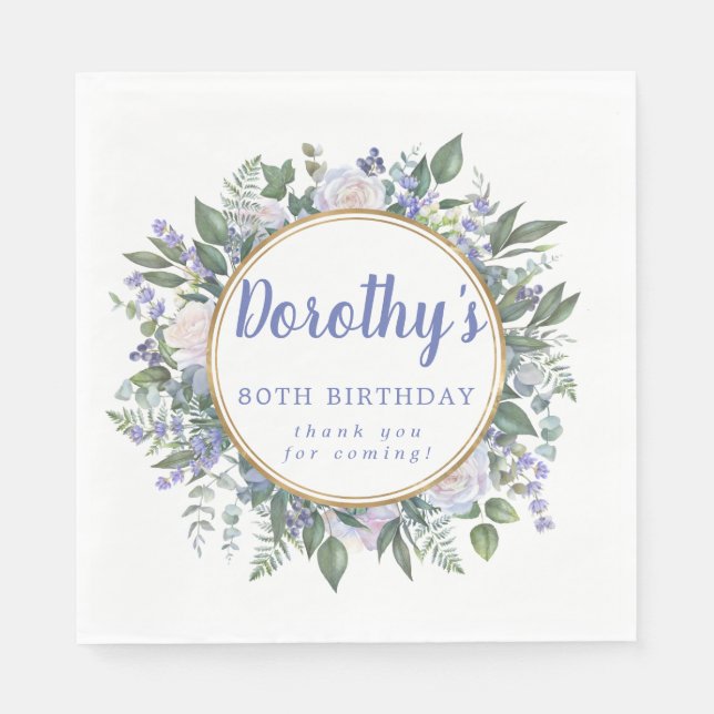 Blue White Floral 80th Birthday Thank You Napkin (Front)