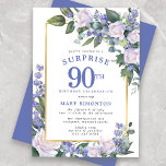 Blue White Floral 90th Birthday Surprise Party Invitation<br><div class="desc">Honour a special woman with this elegant and feminine 90th Birthday Surprise Party invitation. Surprise and 90th are written in large blue text. Birthday Celebration follows. The honoured guest's name is also in blue capital letters. The birthday celebration details are surrounded by a chic gold frame. The floral elements are...</div>