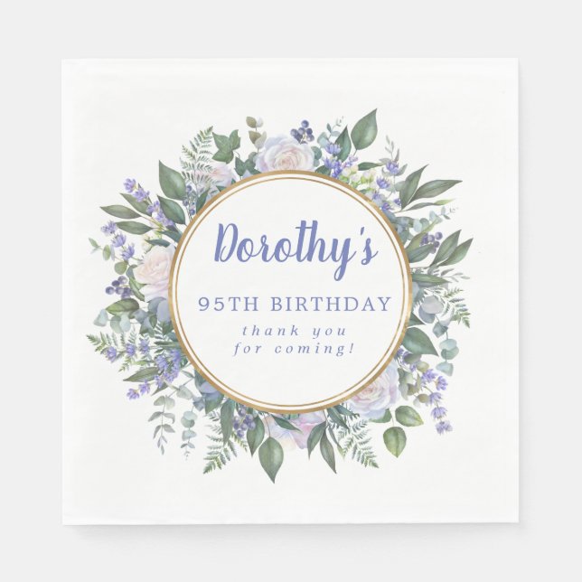 Blue White Floral 95th Birthday Thank You Napkin (Front)