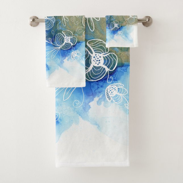 Blue White Floral Abstract 71 Bath Towel Set (Insitu)