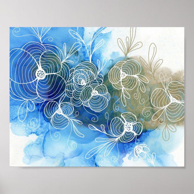 Blue White Floral Abstract 71 Poster (Front)