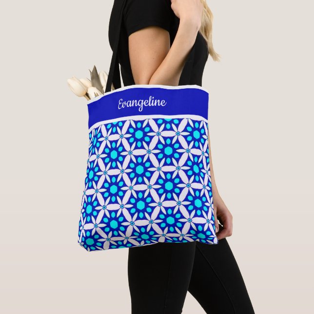 Blue White Floral All-Over Print Tote Bag (Close Up)