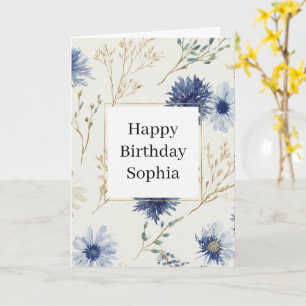 Blue White Floral Birthday Card