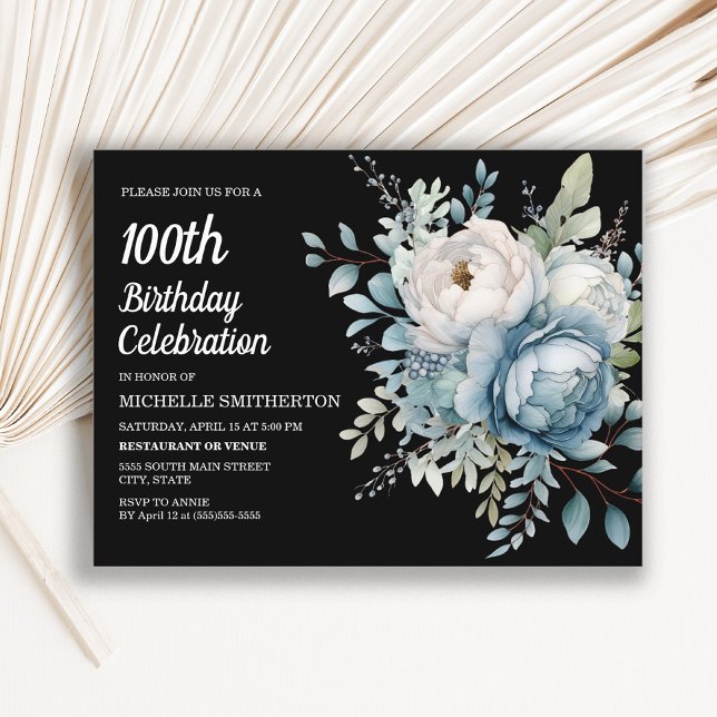Blue White Floral Black Women's 100th Birthday Invitation Postcard (Blue and white floral on black 100th birthday party invitation)