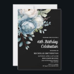 Blue White Floral Black Women's 40th Birthday Invitation<br><div class="desc">Beautiful blue and white watercolor floral on black women's 40th birthday party invitation postcard.  Text is fully customizable,  so this card can be designed for any age.  Contact me for assistance with customization or to request matching products.</div>