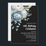 Blue White Floral Black Women's 40th Birthday Invitation<br><div class="desc">Beautiful blue and white watercolor floral on black women's 40th birthday party invitation postcard.  Text is fully customizable,  so this card can be designed for any age.  Contact me for assistance with customization or to request matching products.</div>