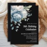 Blue White Floral Black Women's 70th Birthday Invitation<br><div class="desc">Beautiful blue and white watercolor floral on black women's 70th birthday party invitation postcard.  Text is fully customizable,  so this card can be designed for any age.  Contact me for assistance with customization or to request matching products.</div>