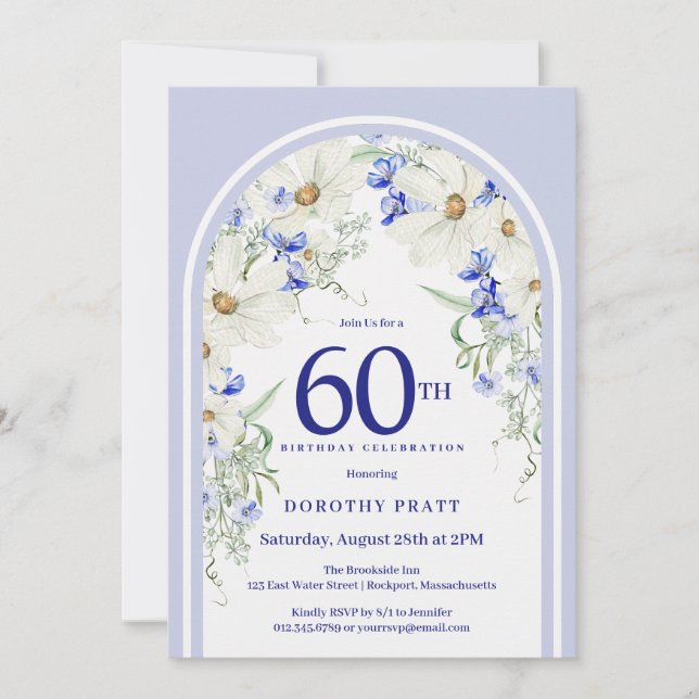 Blue White Floral Boho Arch 60th Birthday Party Invitation (Front)