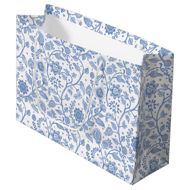 Blue White Floral Boho Botanical Pattern Whimsical Large Gift Bag (Front Angled)