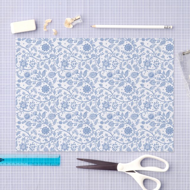 Blue White Floral Boho Botanical Pattern Whimsical Tissue Paper (Craft)