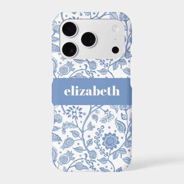 Blue White Floral Botanical Pattern Custom Name (Back)