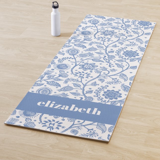 Blue White Floral Botanical Pattern Custom Name Yoga Mat (In Situ)
