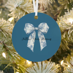 Blue White Floral Bow Christmas Metal Ornament