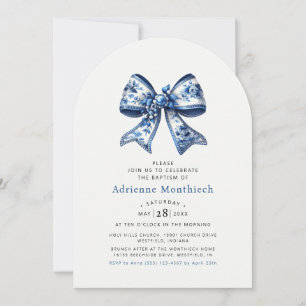 Blue & White Floral Bow Elegant Cream Arch Baptism Invitation