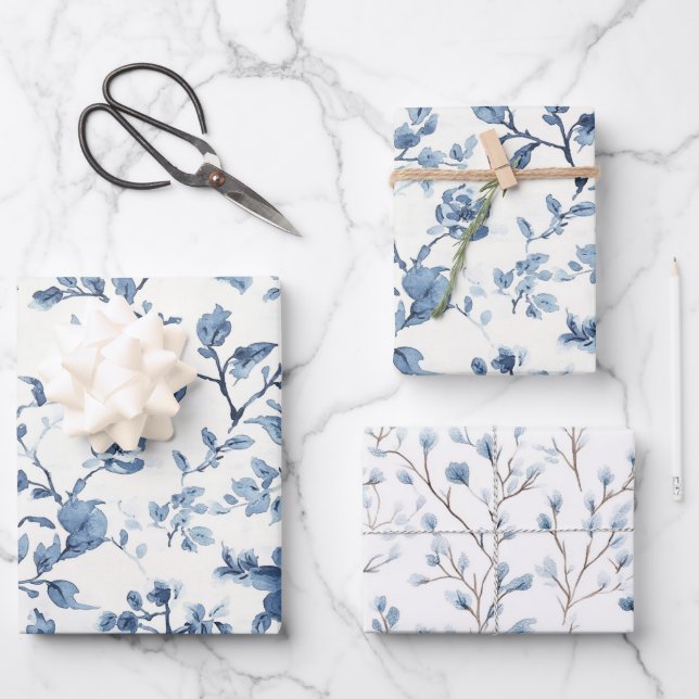 Blue White Floral Bridal Shower Wrapping Paper Sheet (Front)