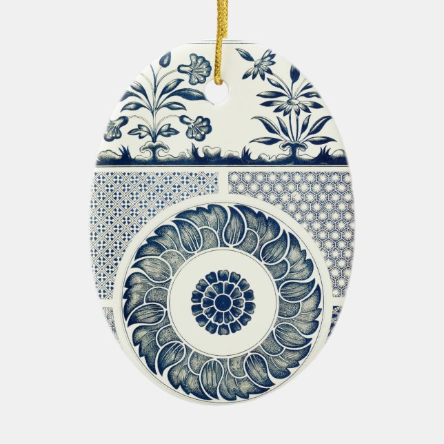 Blue White Floral Chinese Round Ceramic Ornament (Front)