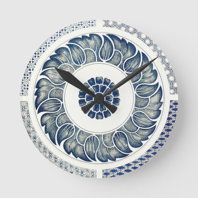 Blue White Floral Chinese Round Clock (Front)