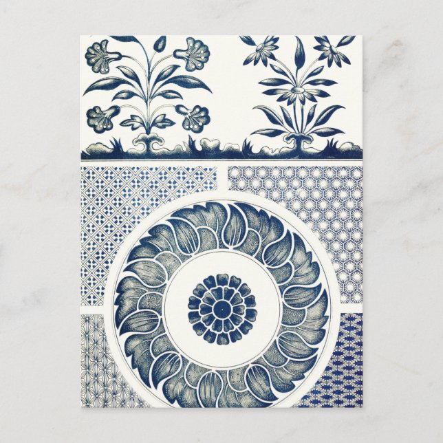 Blue White Floral Chinese Round Postcard (Front)