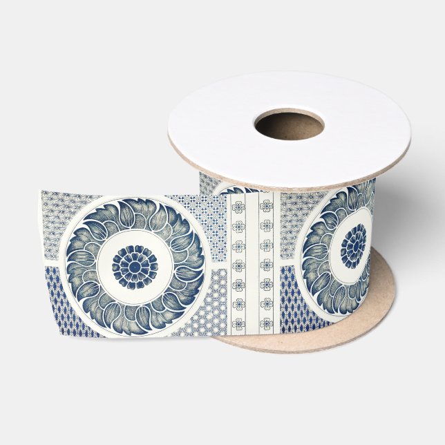 Blue White Floral Chinese Round Satin Ribbon (Spool)