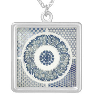 Blue White Floral Chinese Round Silver Plated Necklace