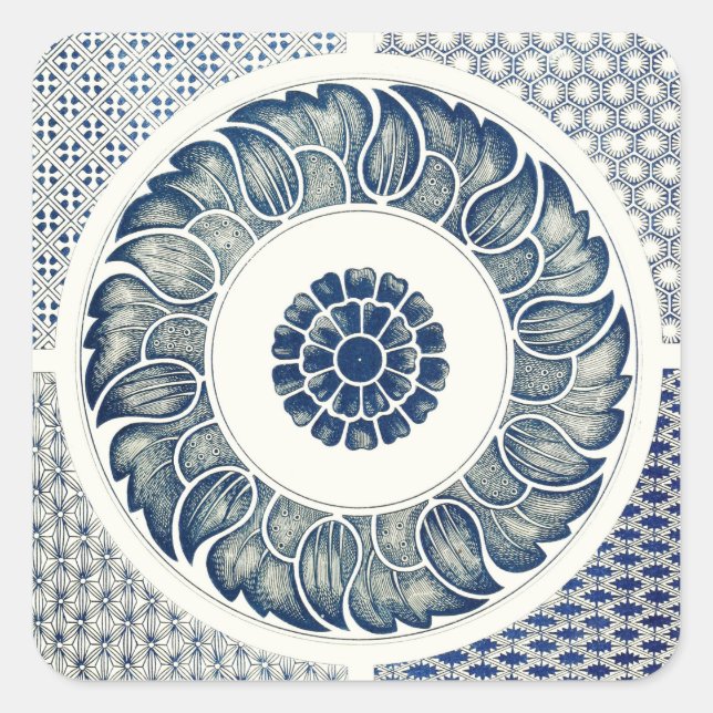 Blue White Floral Chinese Round Square Sticker (Front)