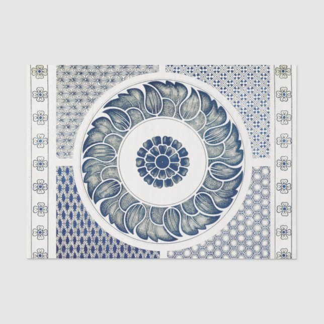 Blue White Floral Chinese Round Tissue Paper (Front)